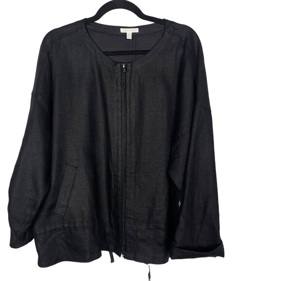 Eileen Fisher L Black Organic Linen Zip Up Jacket Roll Tab Sleeve Drawstring Hem - Picture 1 of 7